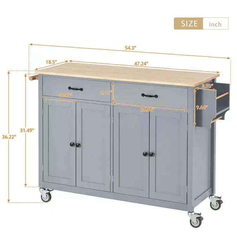 PexFix Carrello da Cucina ad Isola da 137,9 cm con Piano in Legno Massello e Ruote Bloccabili, Mobile a 4 Ante, Due Cassetti, Portaspezie e Portasciugamani, Blu