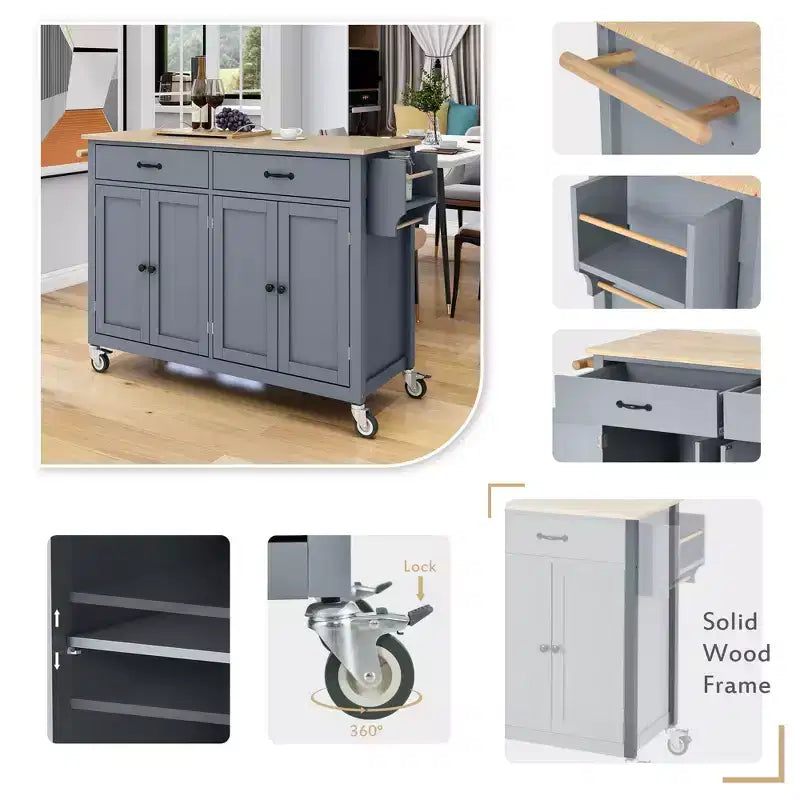 PexFix Carrello da Cucina ad Isola da 137,9 cm con Piano in Legno Massello e Ruote Bloccabili, Mobile a 4 Ante, Due Cassetti, Portaspezie e Portasciugamani, Blu