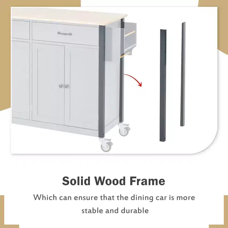 PexFix Carrello da Cucina ad Isola da 137,9 cm con Piano in Legno Massello e Ruote Bloccabili, Mobile a 4 Ante, Due Cassetti, Portaspezie e Portasciugamani, Blu