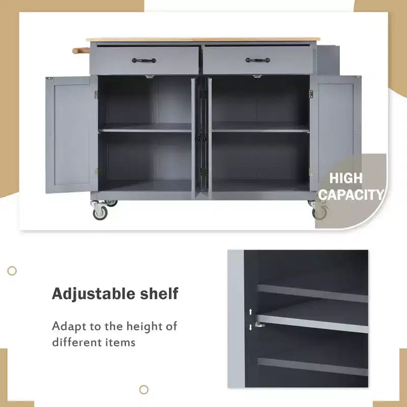 PexFix Carrello da Cucina ad Isola da 137,9 cm con Piano in Legno Massello e Ruote Bloccabili, Mobile a 4 Ante, Due Cassetti, Portaspezie e Portasciugamani, Blu