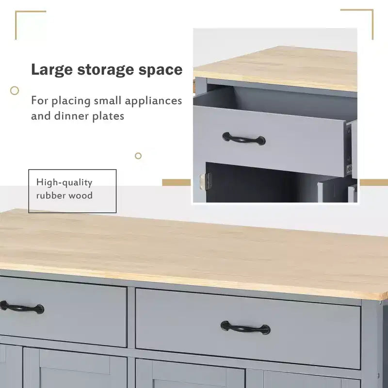 PexFix Carrello da Cucina ad Isola da 137,9 cm con Piano in Legno Massello e Ruote Bloccabili, Mobile a 4 Ante, Due Cassetti, Portaspezie e Portasciugamani, Blu
