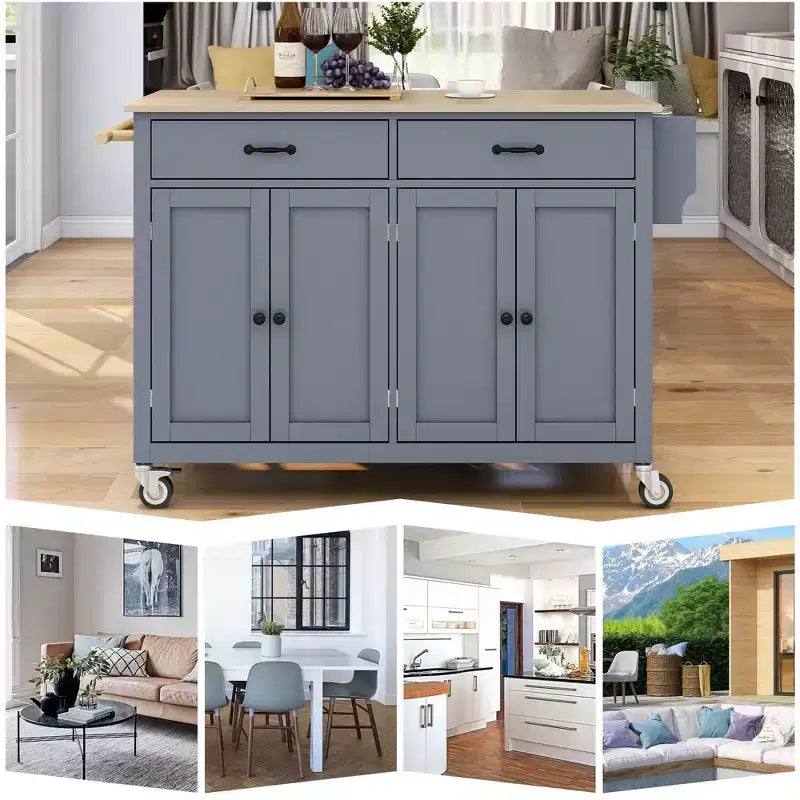 PexFix Carrello da Cucina ad Isola da 137,9 cm con Piano in Legno Massello e Ruote Bloccabili, Mobile a 4 Ante, Due Cassetti, Portaspezie e Portasciugamani, Blu