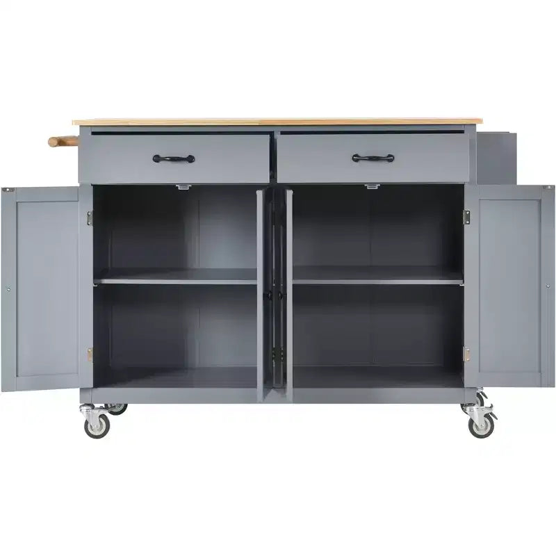 PexFix Carrello da Cucina ad Isola da 137,9 cm con Piano in Legno Massello e Ruote Bloccabili, Mobile a 4 Ante, Due Cassetti, Portaspezie e Portasciugamani, Blu