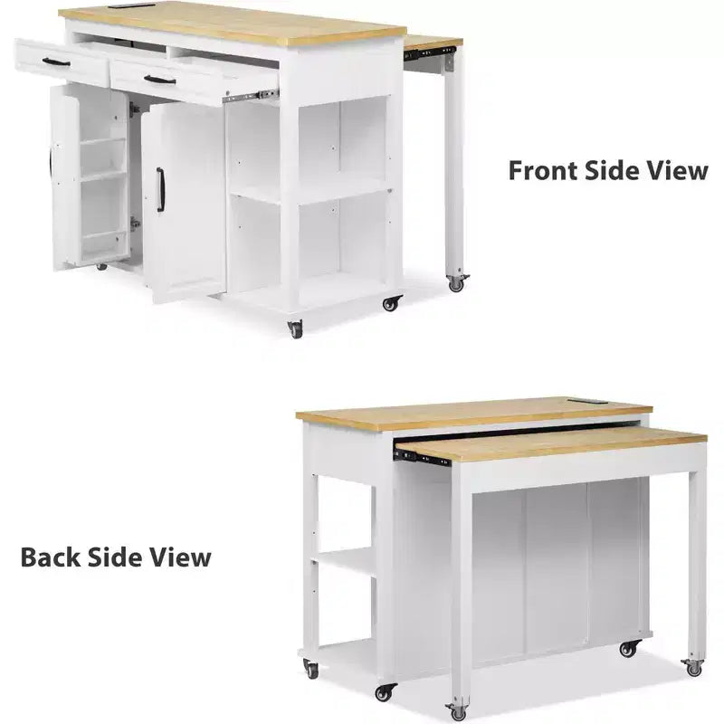 PexFix 47 Isola Cucina con Tavolo da Pranzo Estensibile in Legno di Gomma Impiallacciato Tavolo da Cucina con Scaffale & Presa di Corrente & 2 Cassetti 2 Credenze Bianco