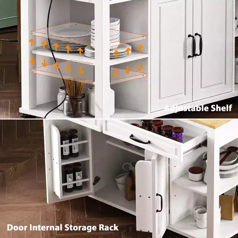 PexFix 47 Isola Cucina con Tavolo da Pranzo Estensibile in Legno di Gomma Impiallacciato Tavolo da Cucina con Scaffale & Presa di Corrente & 2 Cassetti 2 Credenze Bianco