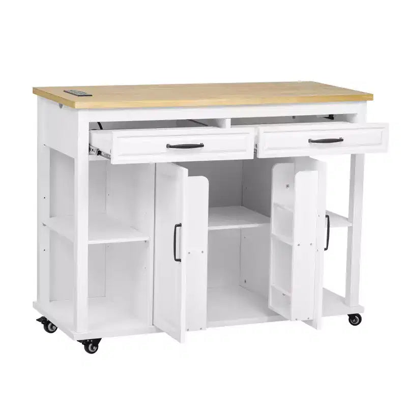 PexFix 47 Isola Cucina con Tavolo da Pranzo Estensibile in Legno di Gomma Impiallacciato Tavolo da Cucina con Scaffale & Presa di Corrente & 2 Cassetti 2 Credenze Bianco