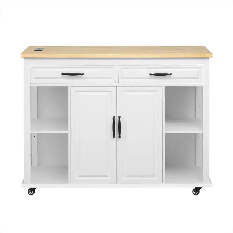 PexFix 47 Isola Cucina con Tavolo da Pranzo Estensibile in Legno di Gomma Impiallacciato Tavolo da Cucina con Scaffale & Presa di Corrente & 2 Cassetti 2 Credenze Bianco