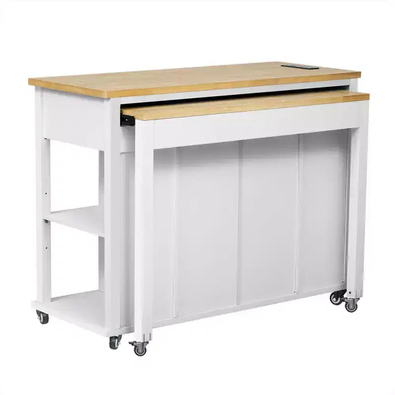 PexFix 47 Isola Cucina con Tavolo da Pranzo Estensibile in Legno di Gomma Impiallacciato Tavolo da Cucina con Scaffale & Presa di Corrente & 2 Cassetti 2 Credenze Bianco