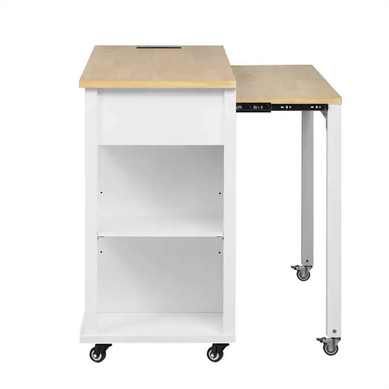 PexFix 47 Isola Cucina con Tavolo da Pranzo Estensibile in Legno di Gomma Impiallacciato Tavolo da Cucina con Scaffale & Presa di Corrente & 2 Cassetti 2 Credenze Bianco