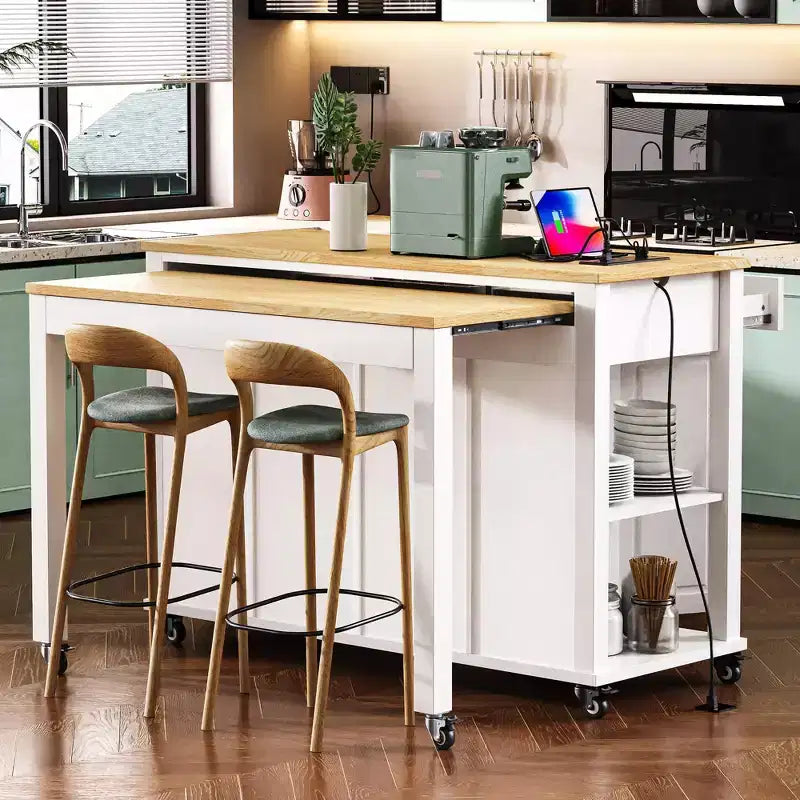 PexFix 47 Isola Cucina con Tavolo da Pranzo Estensibile in Legno di Gomma Impiallacciato Tavolo da Cucina con Scaffale & Presa di Corrente & 2 Cassetti 2 Credenze Bianco