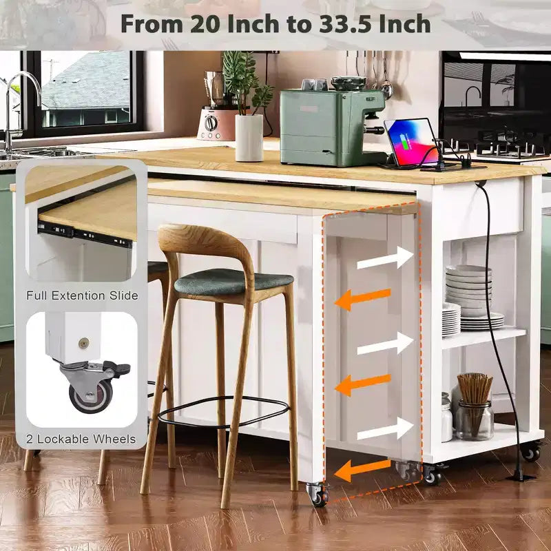 PexFix 47 Isola Cucina con Tavolo da Pranzo Estensibile in Legno di Gomma Impiallacciato Tavolo da Cucina con Scaffale & Presa di Corrente & 2 Cassetti 2 Credenze Bianco