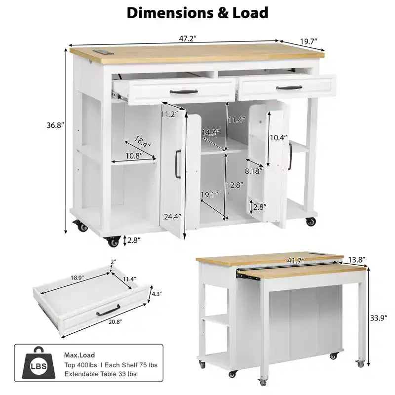 PexFix 47 Isola Cucina con Tavolo da Pranzo Estensibile in Legno di Gomma Impiallacciato Tavolo da Cucina con Scaffale & Presa di Corrente & 2 Cassetti 2 Credenze Bianco