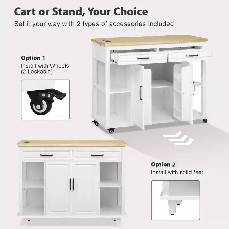 PexFix 47 Isola Cucina con Tavolo da Pranzo Estensibile in Legno di Gomma Impiallacciato Tavolo da Cucina con Scaffale & Presa di Corrente & 2 Cassetti 2 Credenze Bianco