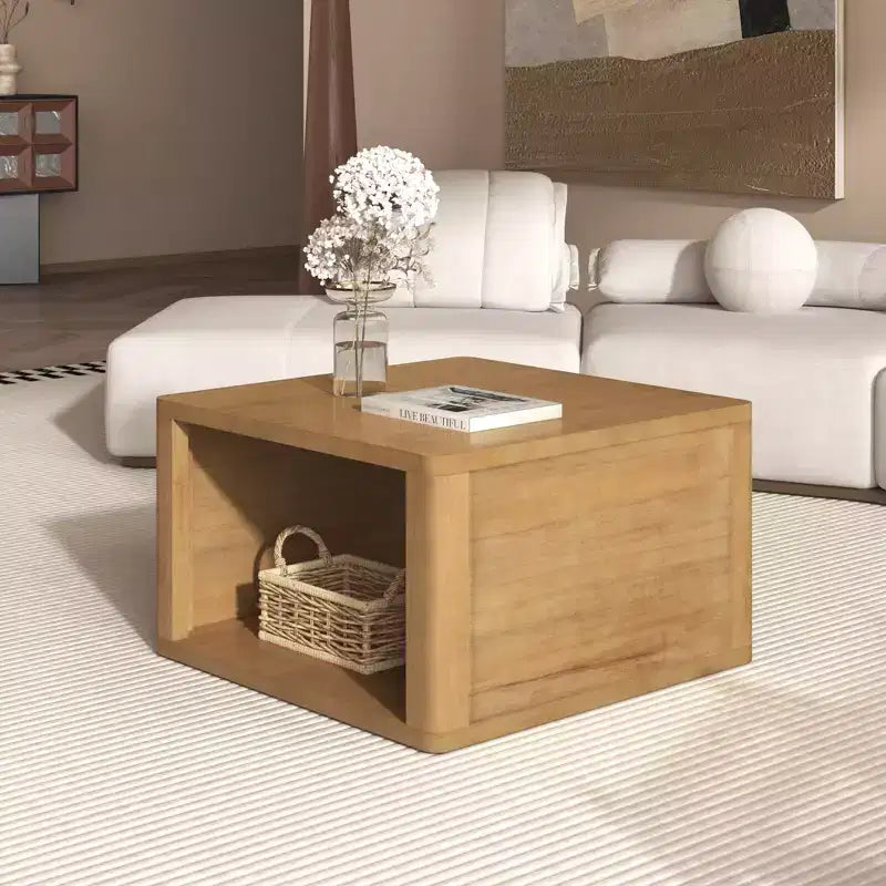 Tavolino da Caffè Quadrato in Legno con Contenitore, Tavolino Centrale a 2 Livelli, Tavolino con Vano Contenitore Semiaperto per Soggiorno