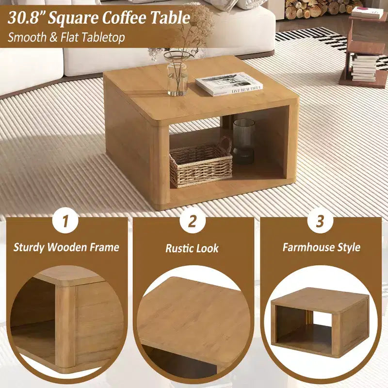 Tavolino da Caffè Quadrato in Legno con Contenitore, Tavolino Centrale a 2 Livelli, Tavolino con Vano Contenitore Semiaperto per Soggiorno