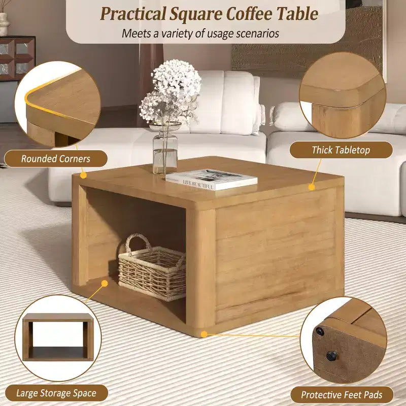 Tavolino da Caffè Quadrato in Legno con Contenitore, Tavolino Centrale a 2 Livelli, Tavolino con Vano Contenitore Semiaperto per Soggiorno