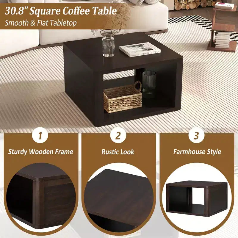 Tavolino da Caffè Quadrato in Legno con Contenitore, Tavolino Centrale a 2 Livelli, Tavolino con Vano Contenitore Semiaperto per Soggiorno