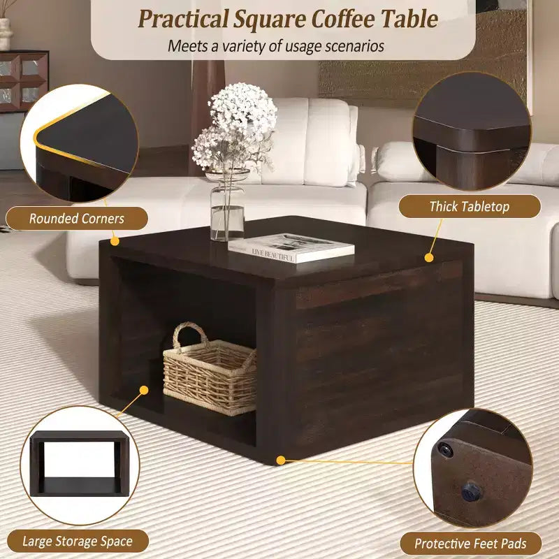 Tavolino da Caffè Quadrato in Legno con Contenitore, Tavolino Centrale a 2 Livelli, Tavolino con Vano Contenitore Semiaperto per Soggiorno