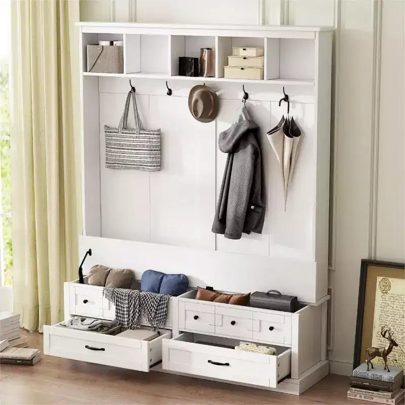 Okak Appendiabiti da Ingresso Elegante con 5 Ganci, Appendiabiti Largo con Panca Contenitore con Top Sollevabile e 2 Cassetti, Appendiabiti per Soggiorno, Ingresso, Bianco