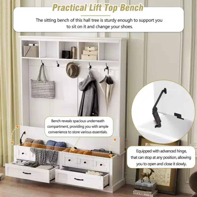 Okak Appendiabiti da Ingresso Elegante con 5 Ganci, Appendiabiti Largo con Panca Contenitore con Top Sollevabile e 2 Cassetti, Appendiabiti per Soggiorno, Ingresso, Bianco