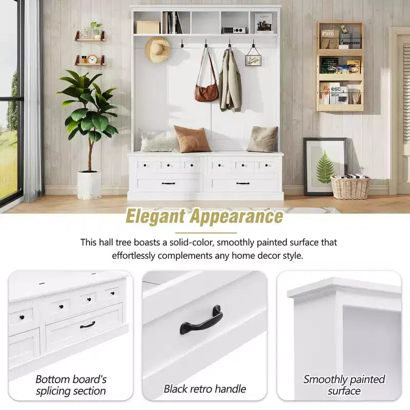 Okak Appendiabiti da Ingresso Elegante con 5 Ganci, Appendiabiti Largo con Panca Contenitore con Top Sollevabile e 2 Cassetti, Appendiabiti per Soggiorno, Ingresso, Bianco