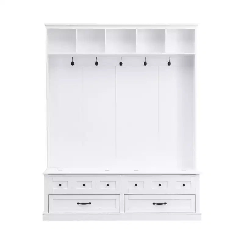 Okak Appendiabiti da Ingresso Elegante con 5 Ganci, Appendiabiti Largo con Panca Contenitore con Top Sollevabile e 2 Cassetti, Appendiabiti per Soggiorno, Ingresso, Bianco