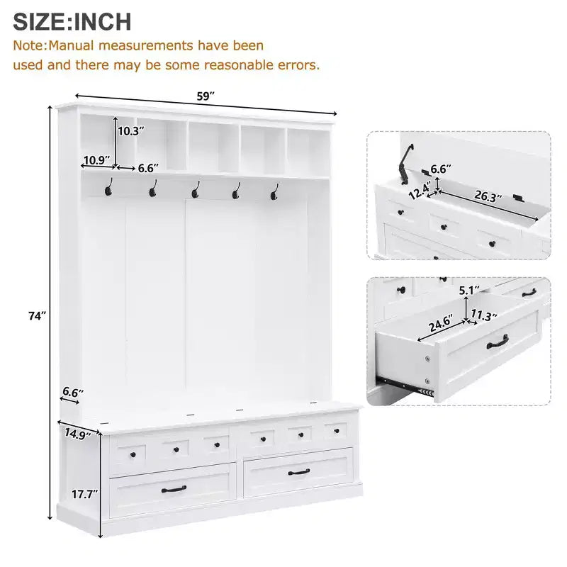 Okak Appendiabiti da Ingresso Elegante con 5 Ganci, Appendiabiti Largo con Panca Contenitore con Top Sollevabile e 2 Cassetti, Appendiabiti per Soggiorno, Ingresso, Bianco