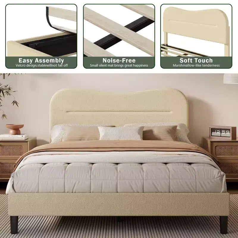 Struttura Letto Matrimoniale Queen Size con Testiera in Tessuto Bouclé Beige Effetto Orsetto, Piattaforma Imbottita Design Morbido Nuvola/Marshmallow, Non Richiede Rete a Molle, Doghe in Legno