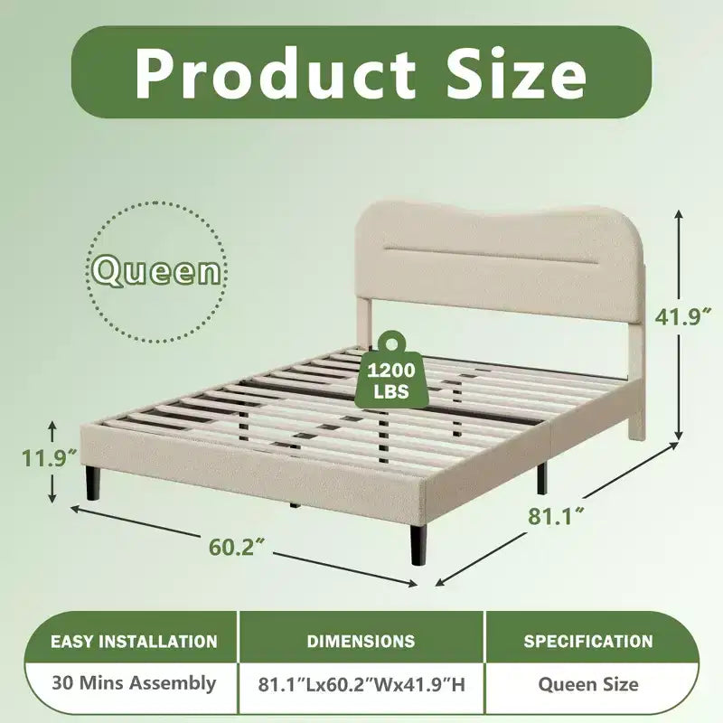 Struttura Letto Matrimoniale Queen Size con Testiera in Tessuto Bouclé Beige Effetto Orsetto, Piattaforma Imbottita Design Morbido Nuvola/Marshmallow, Non Richiede Rete a Molle, Doghe in Legno