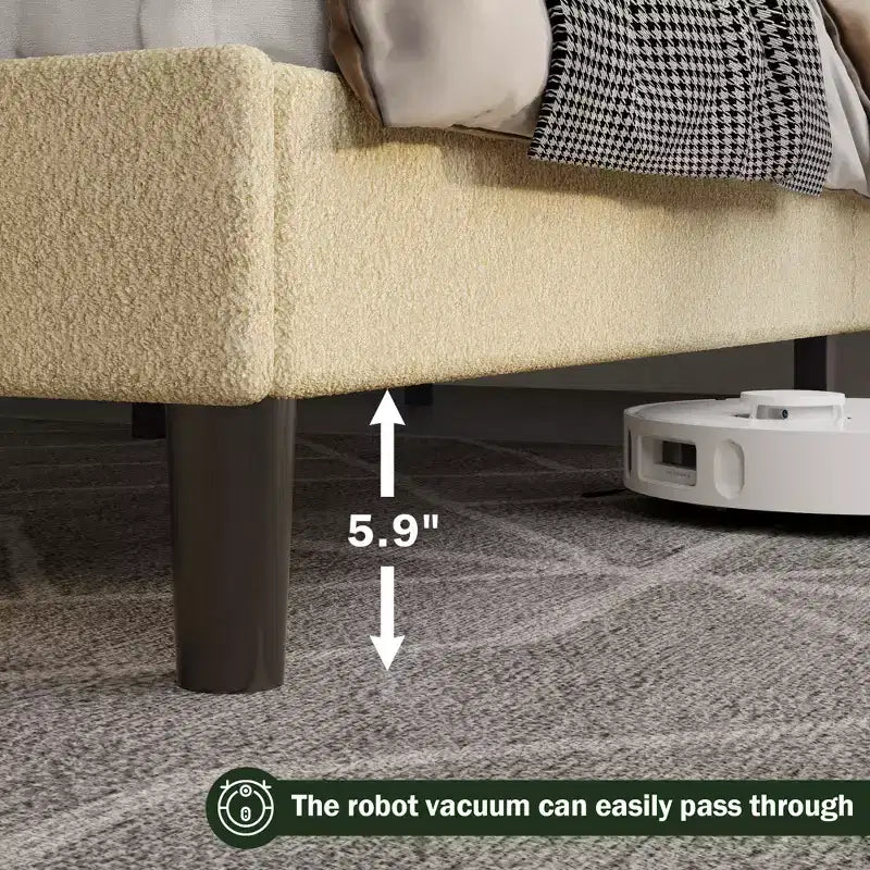 Struttura Letto Matrimoniale Queen Size con Testiera in Tessuto Bouclé Beige Effetto Orsetto, Piattaforma Imbottita Design Morbido Nuvola/Marshmallow, Non Richiede Rete a Molle, Doghe in Legno