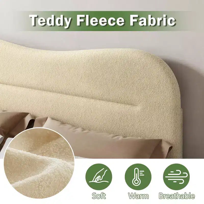 Struttura Letto Matrimoniale Queen Size con Testiera in Tessuto Bouclé Beige Effetto Orsetto, Piattaforma Imbottita Design Morbido Nuvola/Marshmallow, Non Richiede Rete a Molle, Doghe in Legno