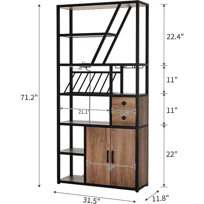 Colonna Caffè Alta 180,8 cm con Presa di Corrente, Luce LED e Portabicchieri, Mobile Bar per Soggiorno, Mobiletto Microonde e Scaffale per Forno
