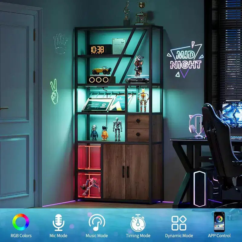 Colonna Caffè Alta 180,8 cm con Presa di Corrente, Luce LED e Portabicchieri, Mobile Bar per Soggiorno, Mobiletto Microonde e Scaffale per Forno