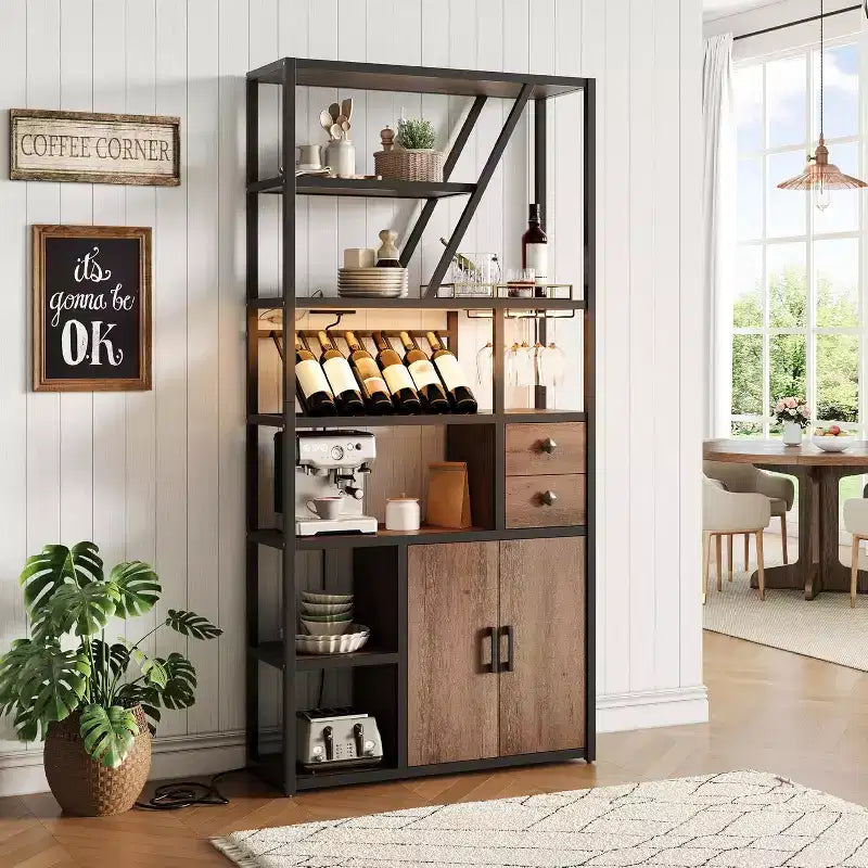 Colonna Caffè Alta 180,8 cm con Presa di Corrente, Luce LED e Portabicchieri, Mobile Bar per Soggiorno, Mobiletto Microonde e Scaffale per Forno