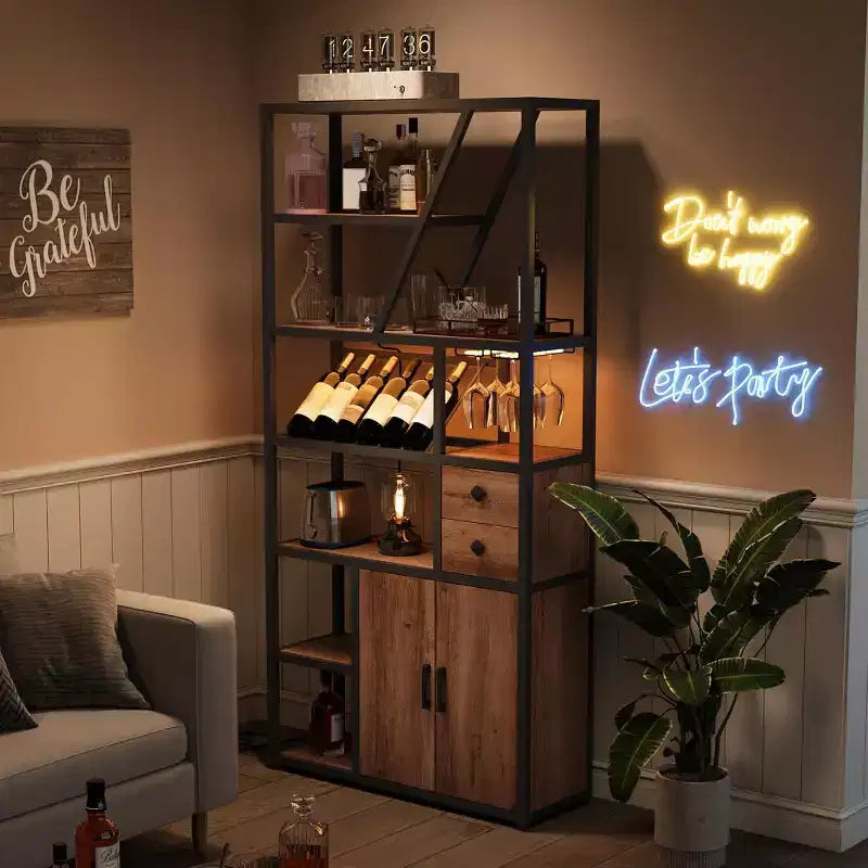 Colonna Caffè Alta 180,8 cm con Presa di Corrente, Luce LED e Portabicchieri, Mobile Bar per Soggiorno, Mobiletto Microonde e Scaffale per Forno