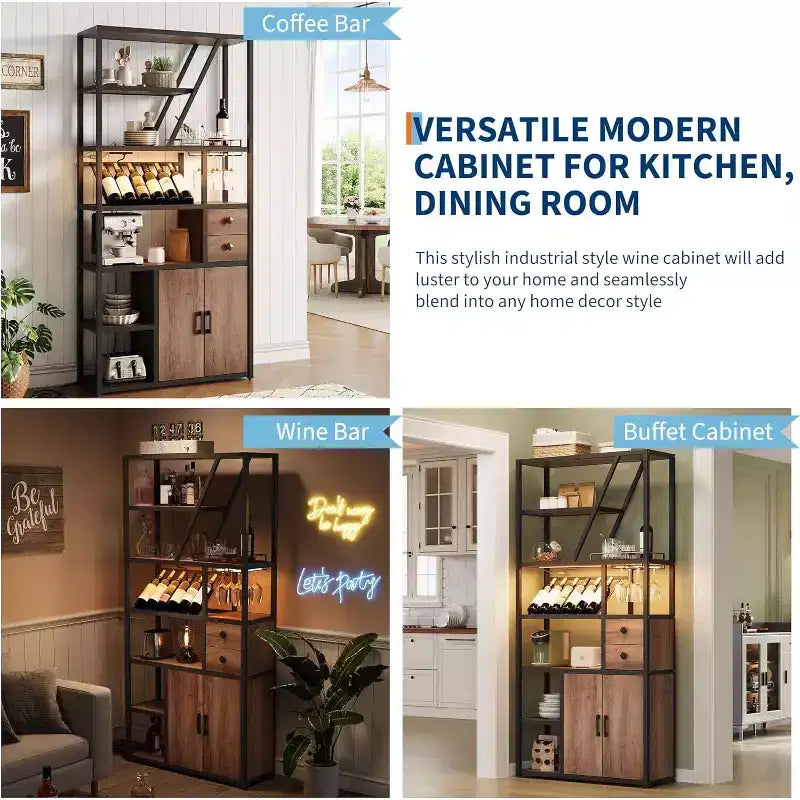 Colonna Caffè Alta 180,8 cm con Presa di Corrente, Luce LED e Portabicchieri, Mobile Bar per Soggiorno, Mobiletto Microonde e Scaffale per Forno