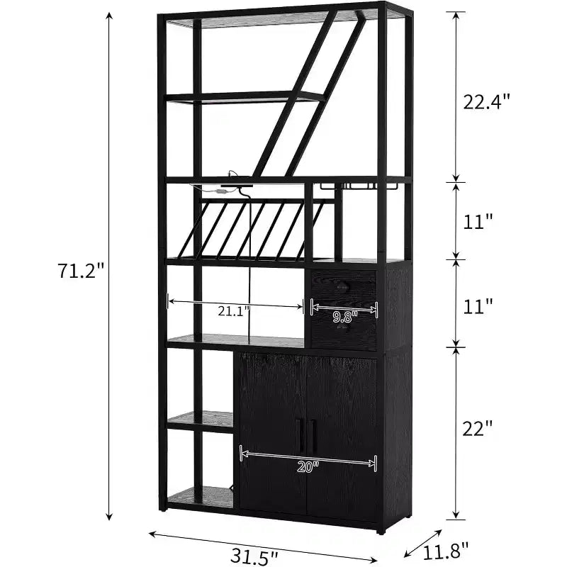 Colonna Caffè Alta 180,8 cm con Presa di Corrente, Luce LED e Portabicchieri, Mobile Bar per Soggiorno, Mobiletto Microonde e Scaffale per Forno