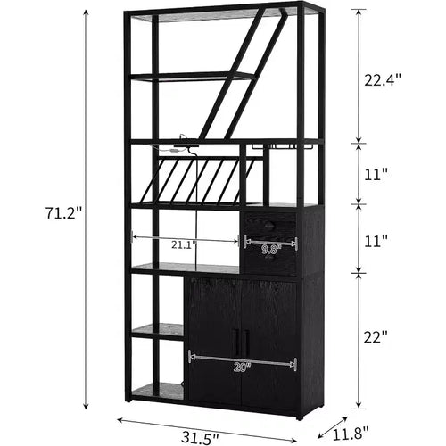 Colonna Caffè Alta 180,8 cm con Presa di Corrente, Luce LED e Portabicchieri, Mobile Bar per Soggiorno, Mobiletto Microonde e Scaffale per Forno