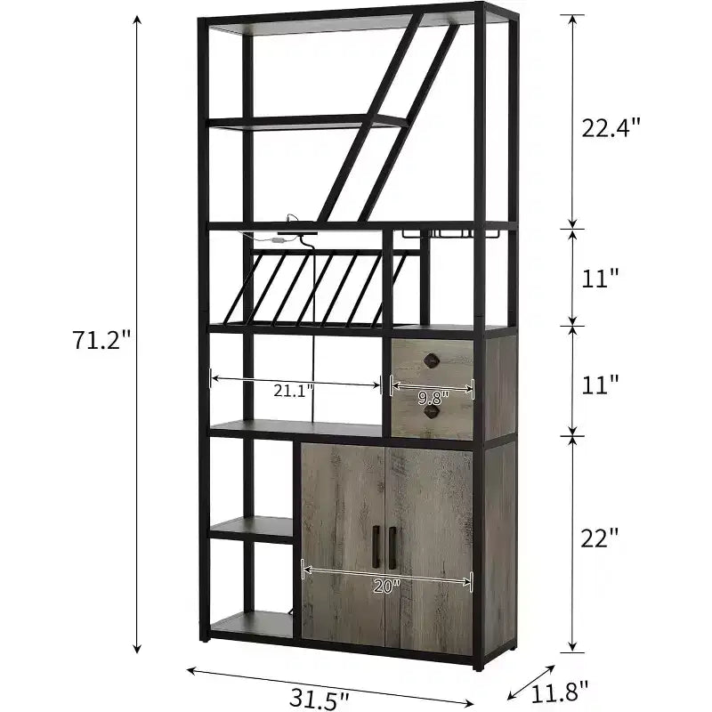 Colonna Caffè Alta 180,8 cm con Presa di Corrente, Luce LED e Portabicchieri, Mobile Bar per Soggiorno, Mobiletto Microonde e Scaffale per Forno