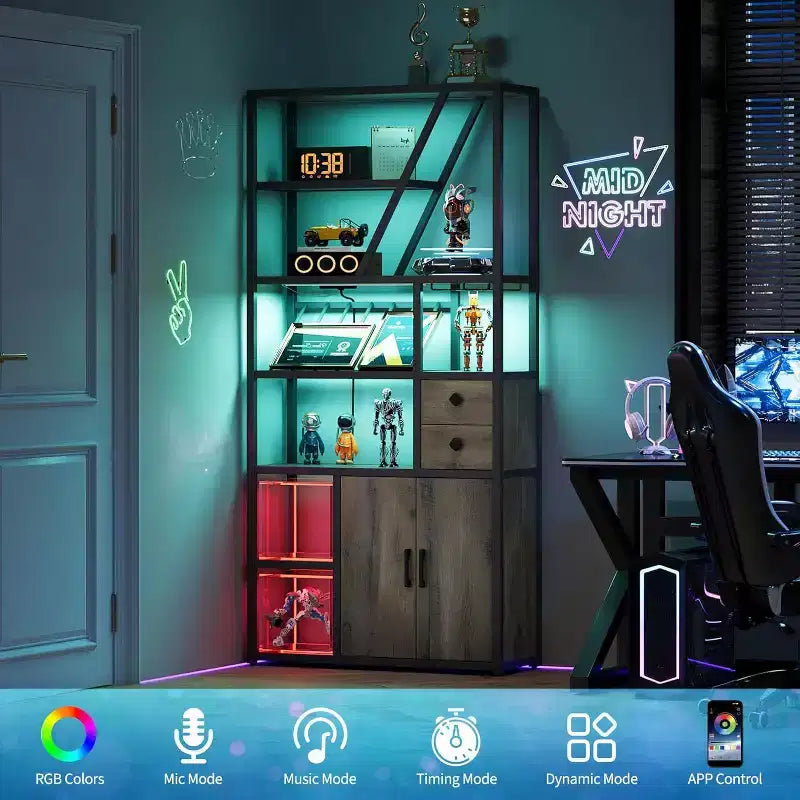 Colonna Caffè Alta 180,8 cm con Presa di Corrente, Luce LED e Portabicchieri, Mobile Bar per Soggiorno, Mobiletto Microonde e Scaffale per Forno
