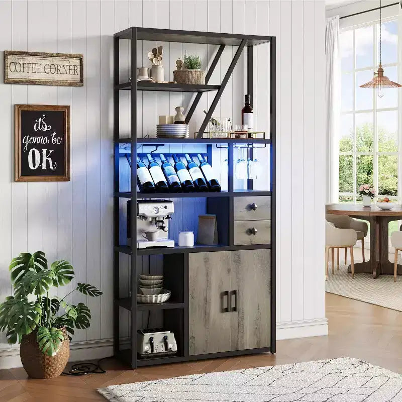Colonna Caffè Alta 180,8 cm con Presa di Corrente, Luce LED e Portabicchieri, Mobile Bar per Soggiorno, Mobiletto Microonde e Scaffale per Forno