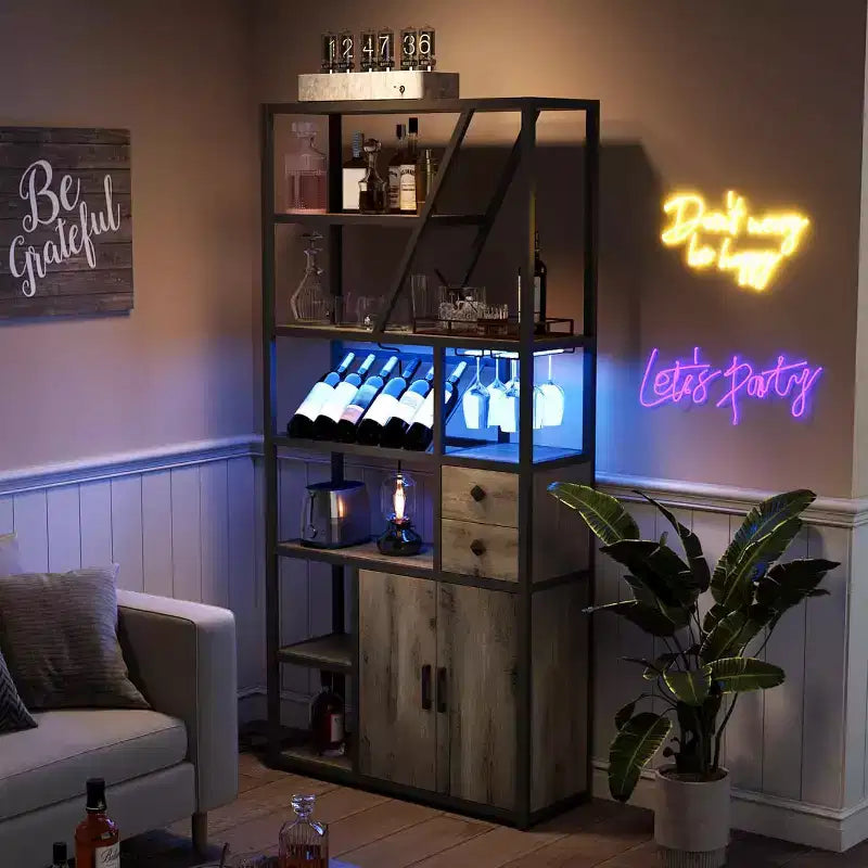 Colonna Caffè Alta 180,8 cm con Presa di Corrente, Luce LED e Portabicchieri, Mobile Bar per Soggiorno, Mobiletto Microonde e Scaffale per Forno