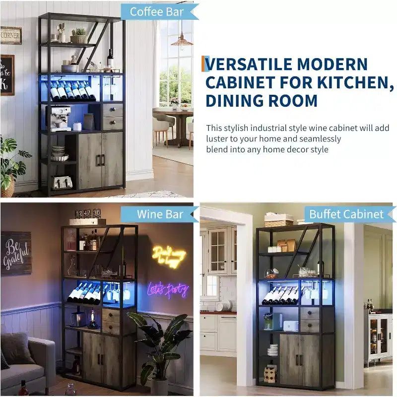 Colonna Caffè Alta 180,8 cm con Presa di Corrente, Luce LED e Portabicchieri, Mobile Bar per Soggiorno, Mobiletto Microonde e Scaffale per Forno