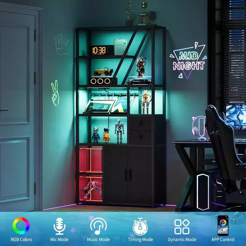 Colonna Caffè Alta 180,8 cm con Presa di Corrente, Luce LED e Portabicchieri, Mobile Bar per Soggiorno, Mobiletto Microonde e Scaffale per Forno