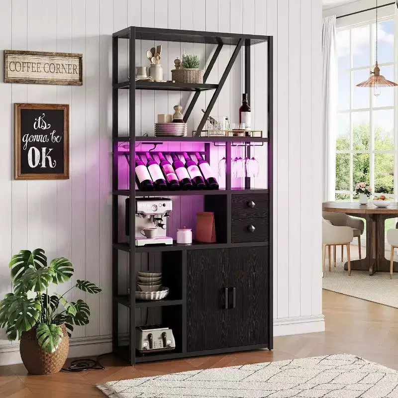 Colonna Caffè Alta 180,8 cm con Presa di Corrente, Luce LED e Portabicchieri, Mobile Bar per Soggiorno, Mobiletto Microonde e Scaffale per Forno