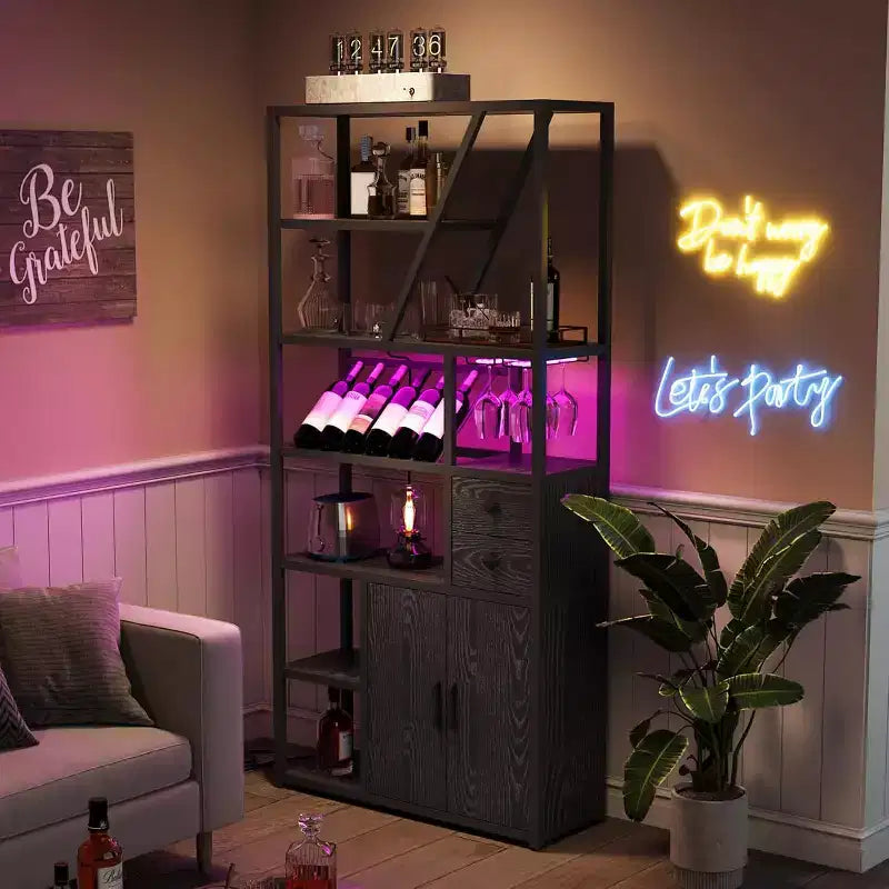Colonna Caffè Alta 180,8 cm con Presa di Corrente, Luce LED e Portabicchieri, Mobile Bar per Soggiorno, Mobiletto Microonde e Scaffale per Forno