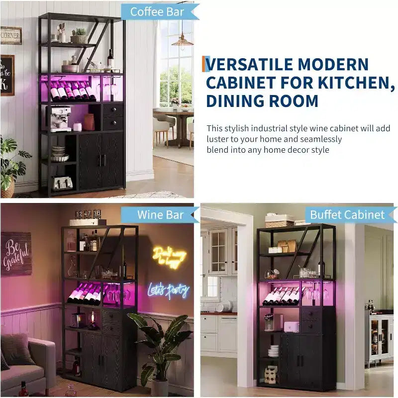 Colonna Caffè Alta 180,8 cm con Presa di Corrente, Luce LED e Portabicchieri, Mobile Bar per Soggiorno, Mobiletto Microonde e Scaffale per Forno