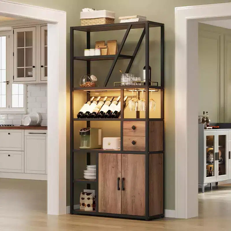 Colonna Caffè Alta 180,8 cm con Presa di Corrente, Luce LED e Portabicchieri, Mobile Bar per Soggiorno, Mobiletto Microonde e Scaffale per Forno