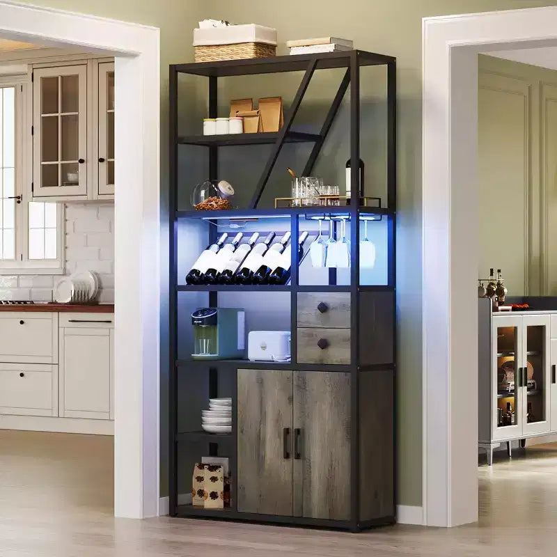 Colonna Caffè Alta 180,8 cm con Presa di Corrente, Luce LED e Portabicchieri, Mobile Bar per Soggiorno, Mobiletto Microonde e Scaffale per Forno