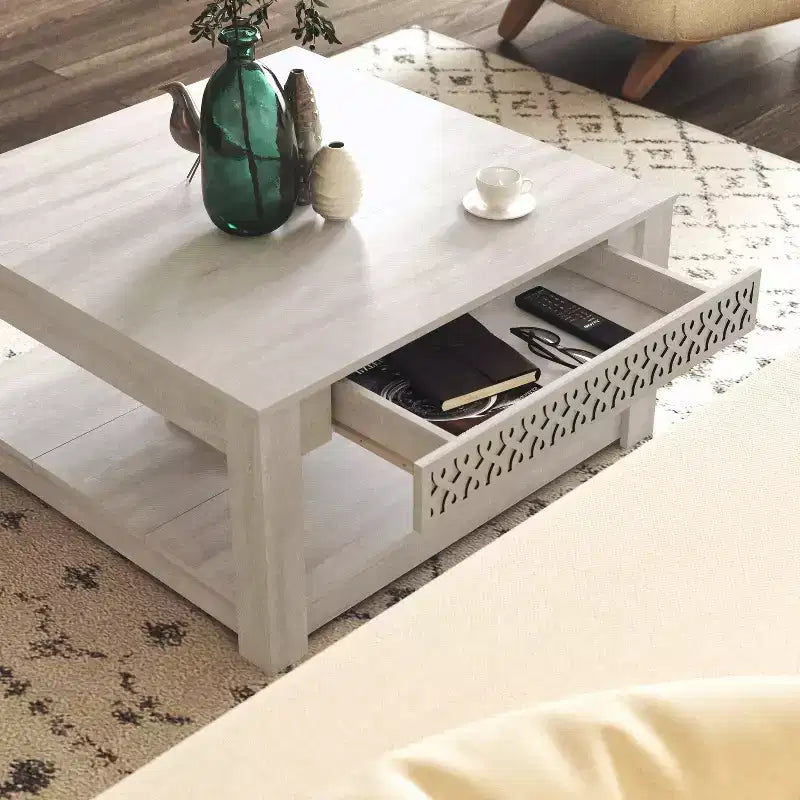 Tavolino da caffè quadrato Galano con cassetto intagliato 31.5 L 31.5 P 16.3 A